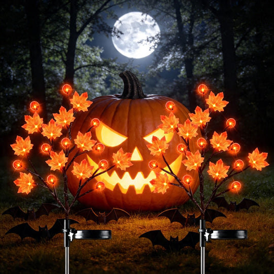 Solar Maple Leaf Branch Lights with 20 Warm LEDs, 8 Lighting Modes & IP65 Waterproof, Auto On/Off Garden Pathway Decor for Fall Harvest and Halloween Ambiance (3PCS, Pumpkin-Small Maple)