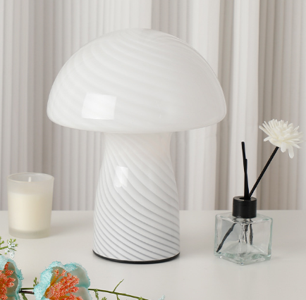 Stripe-Pure White Retro Swirl Glass Mushroom Table Lamp - LED Bedside Night Light