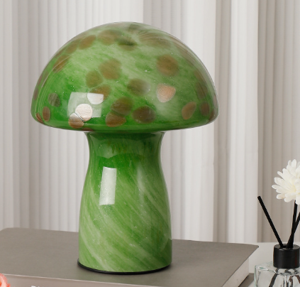 Camouflage Green Retro Swirl Glass Mushroom Table Lamp - LED Bedside Night Light