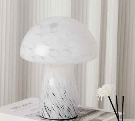 Speckled White Retro Swirl Glass Mushroom Table Lamp - LED Bedside Night Light