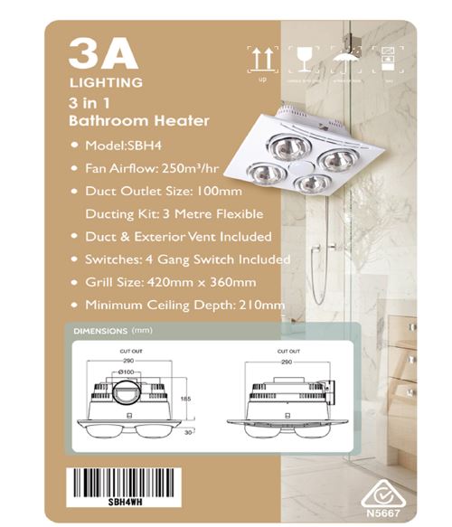 3A Lighting 4 Light Heat Bathroom 3-in-1 Heater – Cosmo Lighting Kensington