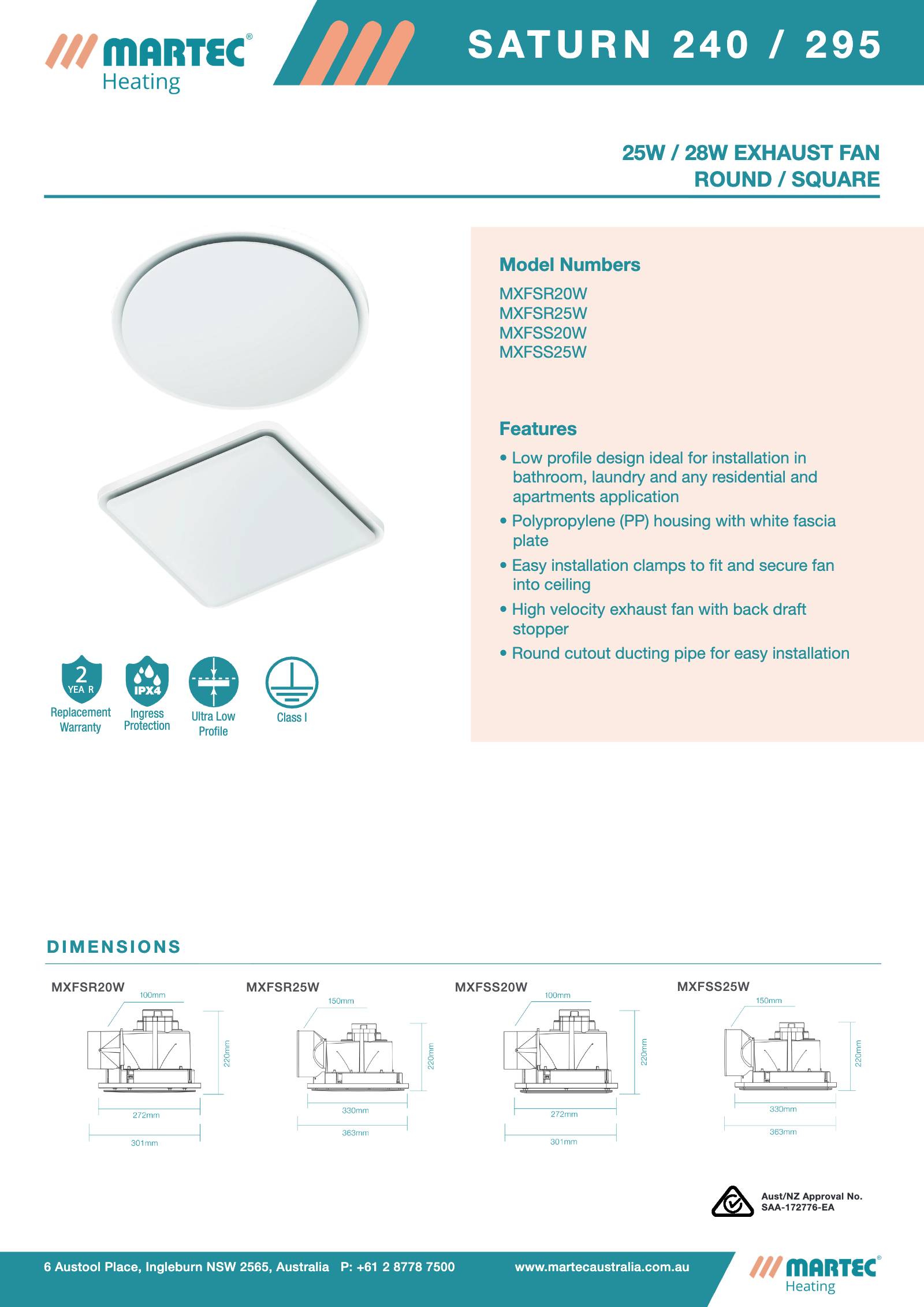 Saturn 240 / 295 Exhaust Fan Round or Square
