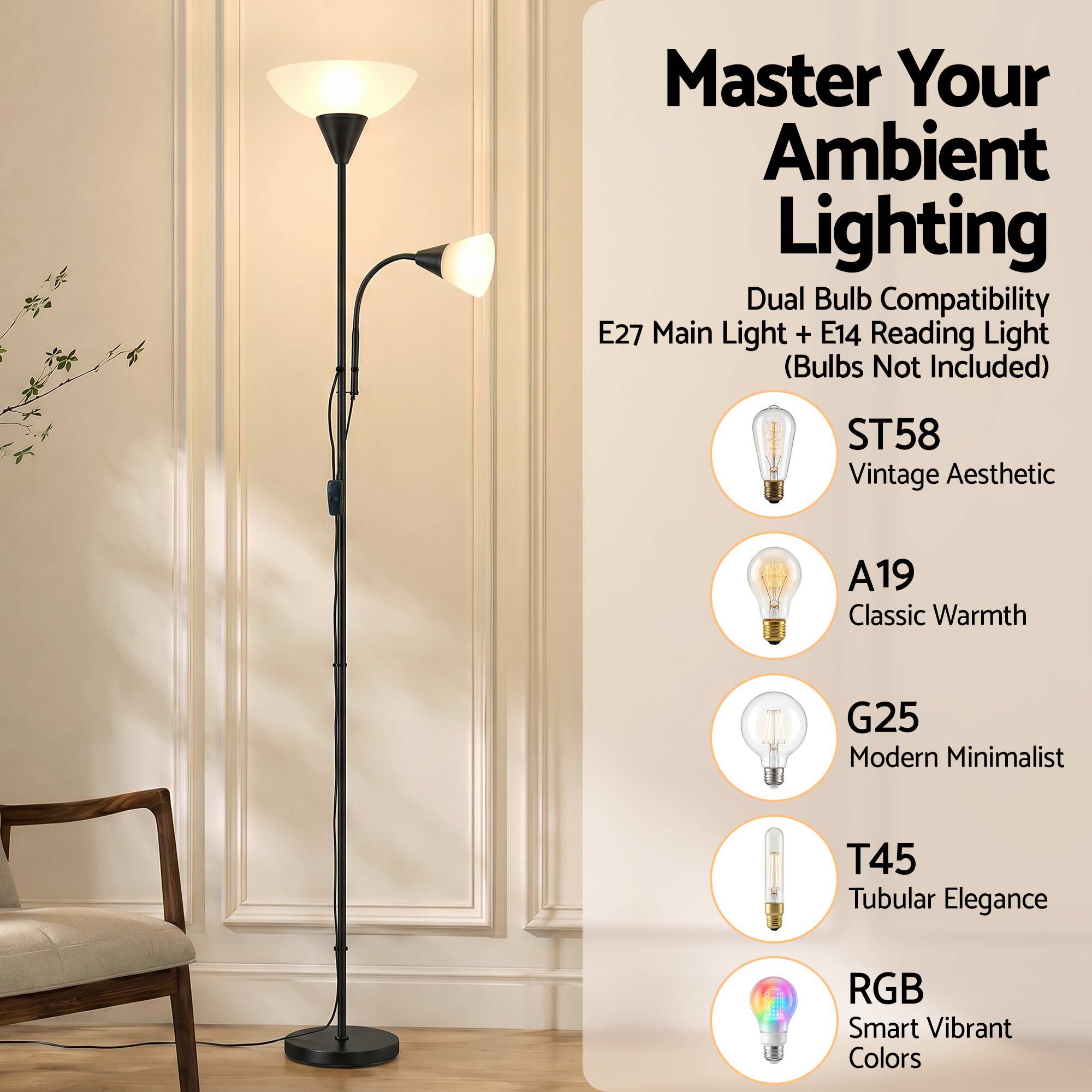Artiss Floor Lamp Mother and Child Modern Home Living Room Office Reading Black