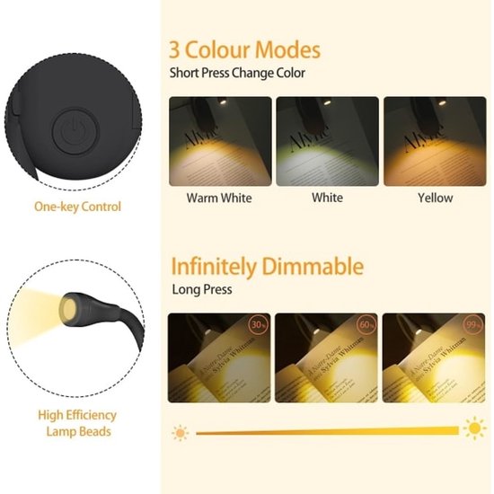 Book Lamp - Rechargeable Reading Lamp with Clip - Adjustable Brightness