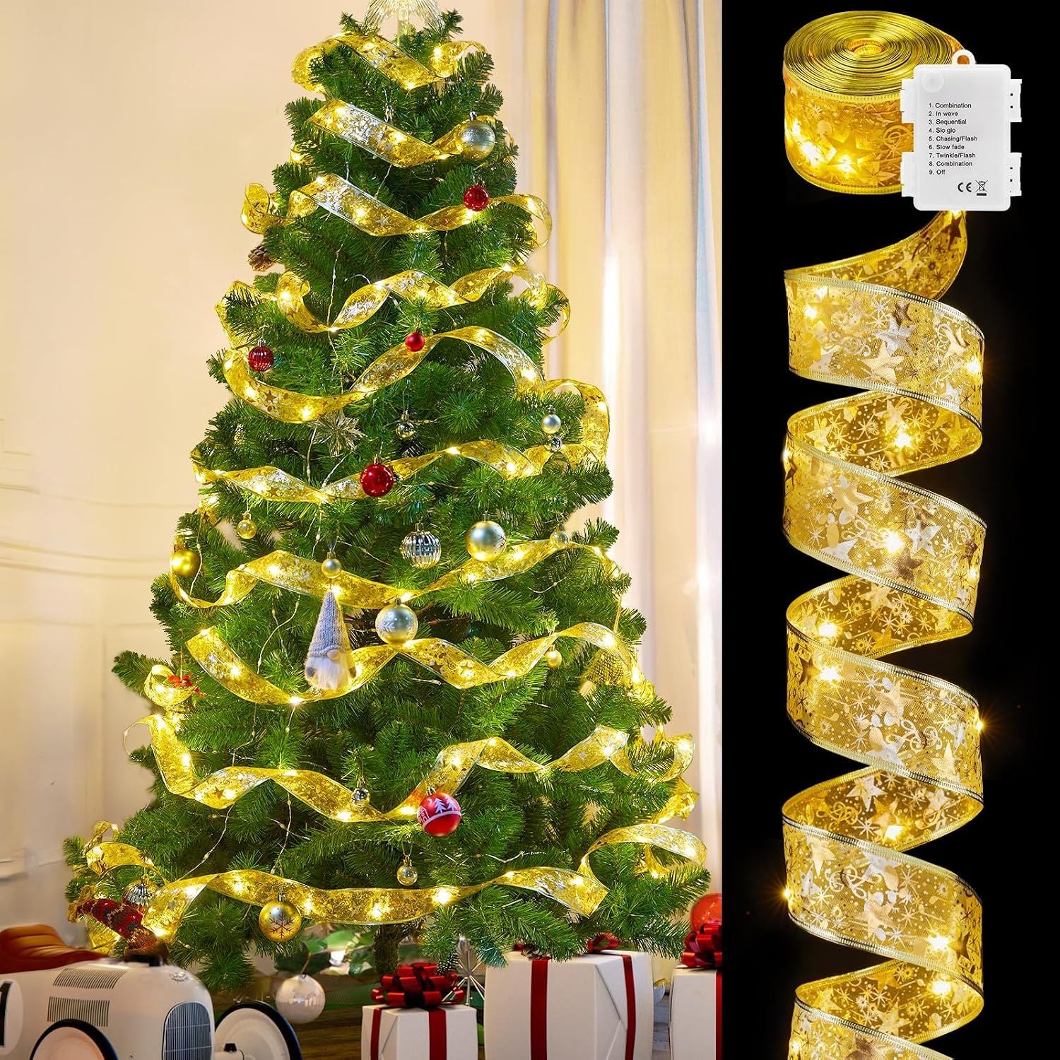 Christmas Tree Ribbon String Lights - 33ft 100 LED Battery Powered Fairy Lights with Timer and 8 Lighting Modes, Christmas Ribbon Bows Lights for 6ft - 8ft Christmas Tree New Year Decor, Gold