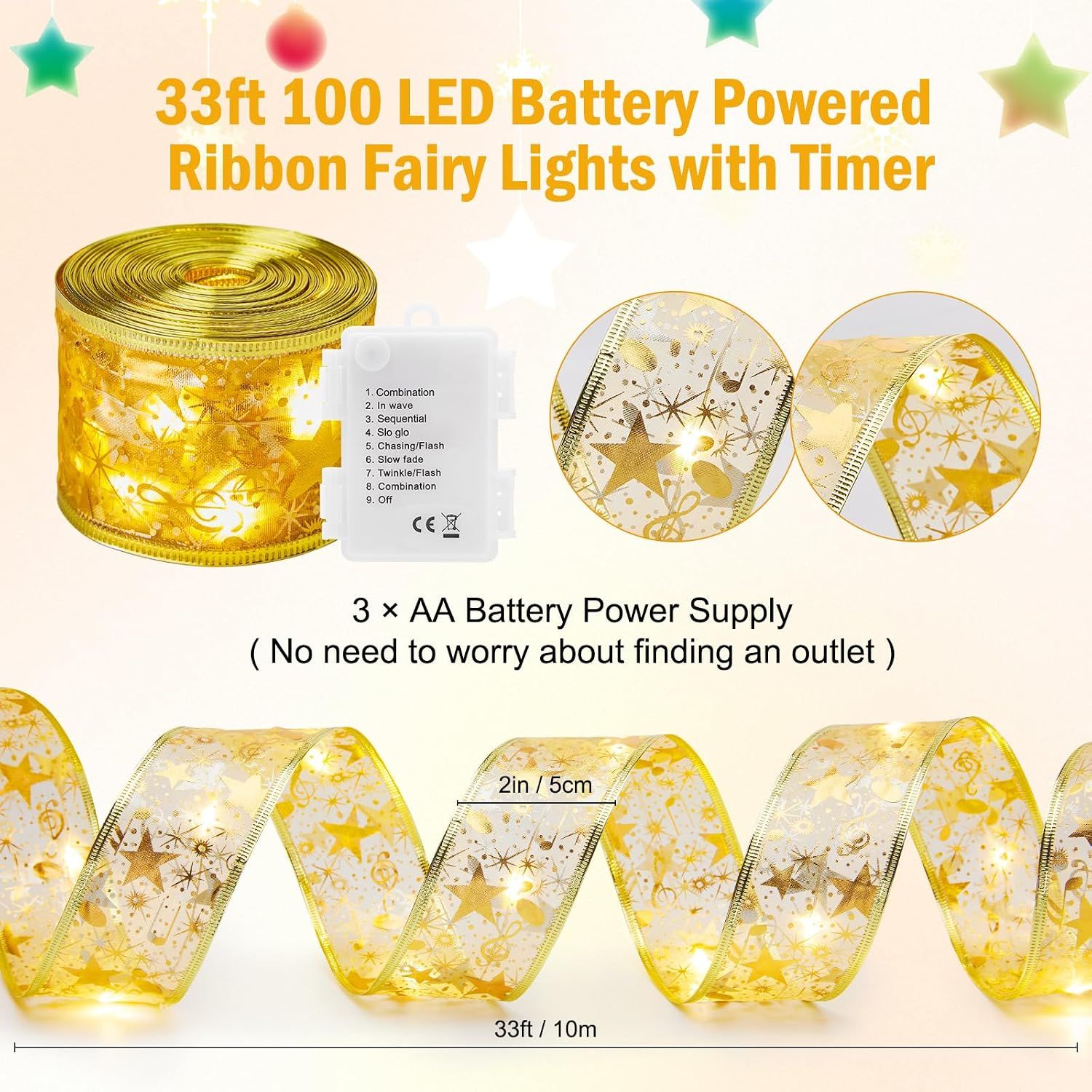 Christmas Tree Ribbon String Lights - 33ft 100 LED Battery Powered Fairy Lights with Timer and 8 Lighting Modes, Christmas Ribbon Bows Lights for 6ft - 8ft Christmas Tree New Year Decor, Gold