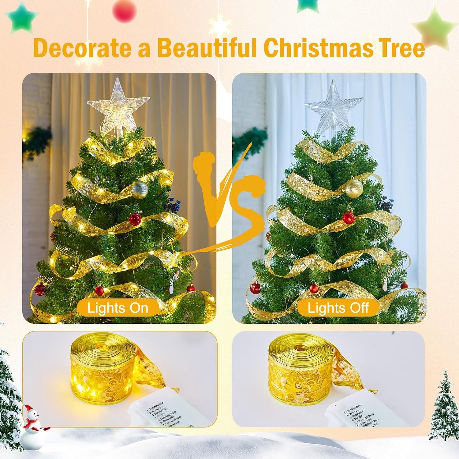Christmas Tree Ribbon String Lights - 33ft 100 LED Battery Powered Fairy Lights with Timer and 8 Lighting Modes, Christmas Ribbon Bows Lights for 6ft - 8ft Christmas Tree New Year Decor, Gold