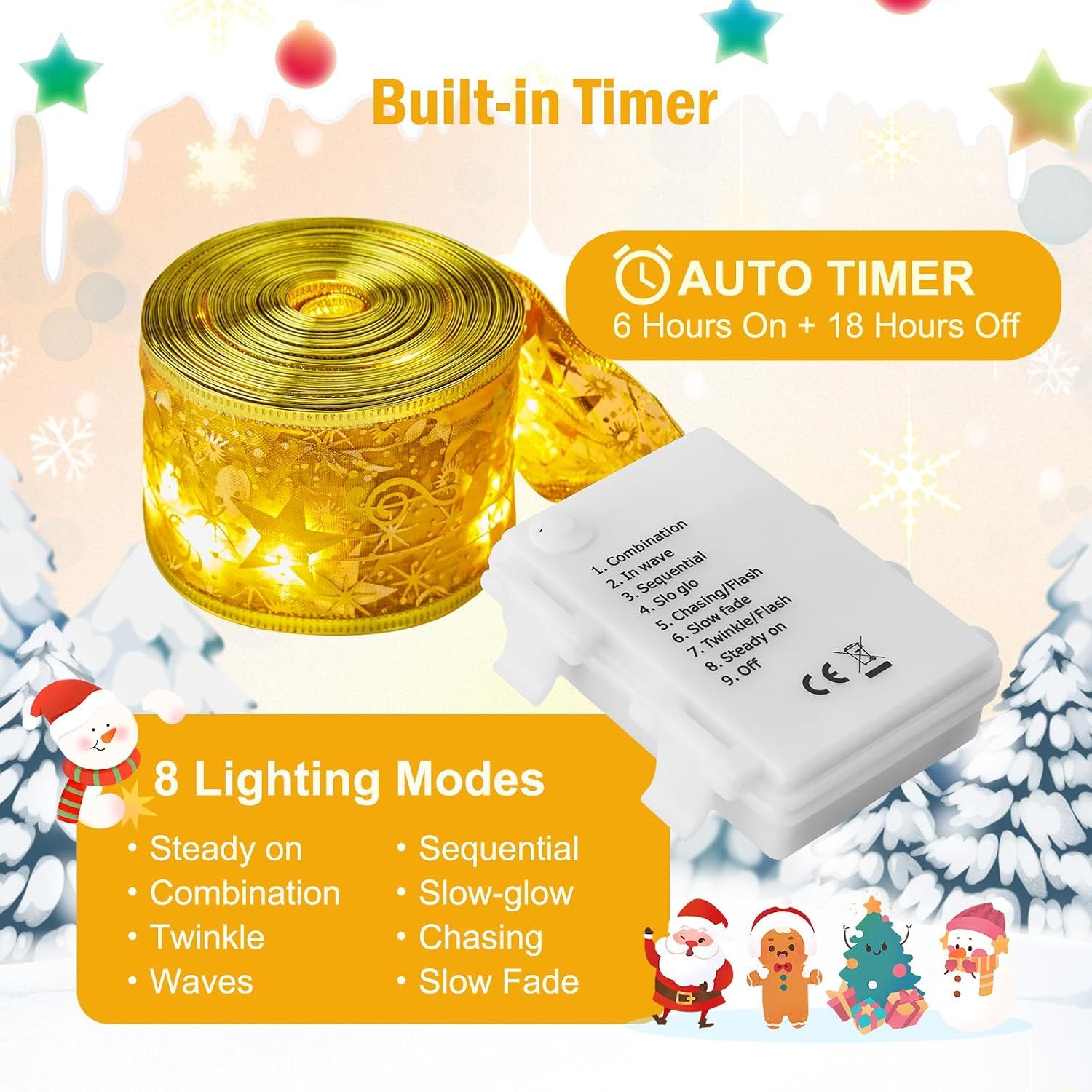 Christmas Tree Ribbon String Lights - 33ft 100 LED Battery Powered Fairy Lights with Timer and 8 Lighting Modes, Christmas Ribbon Bows Lights for 6ft - 8ft Christmas Tree New Year Decor, Gold