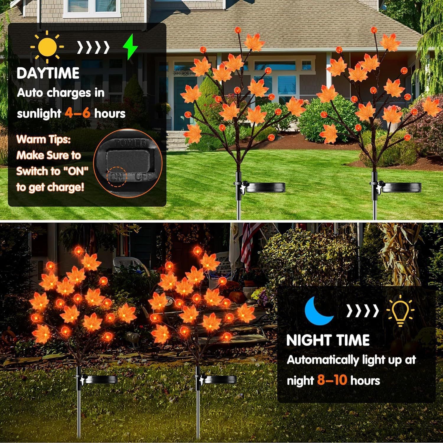 Solar Maple Leaf Branch Lights with 20 Warm LEDs, 8 Lighting Modes & IP65 Waterproof, Auto On/Off Garden Pathway Decor for Fall Harvest and Halloween Ambiance (3PCS, Pumpkin-Small  Maple)