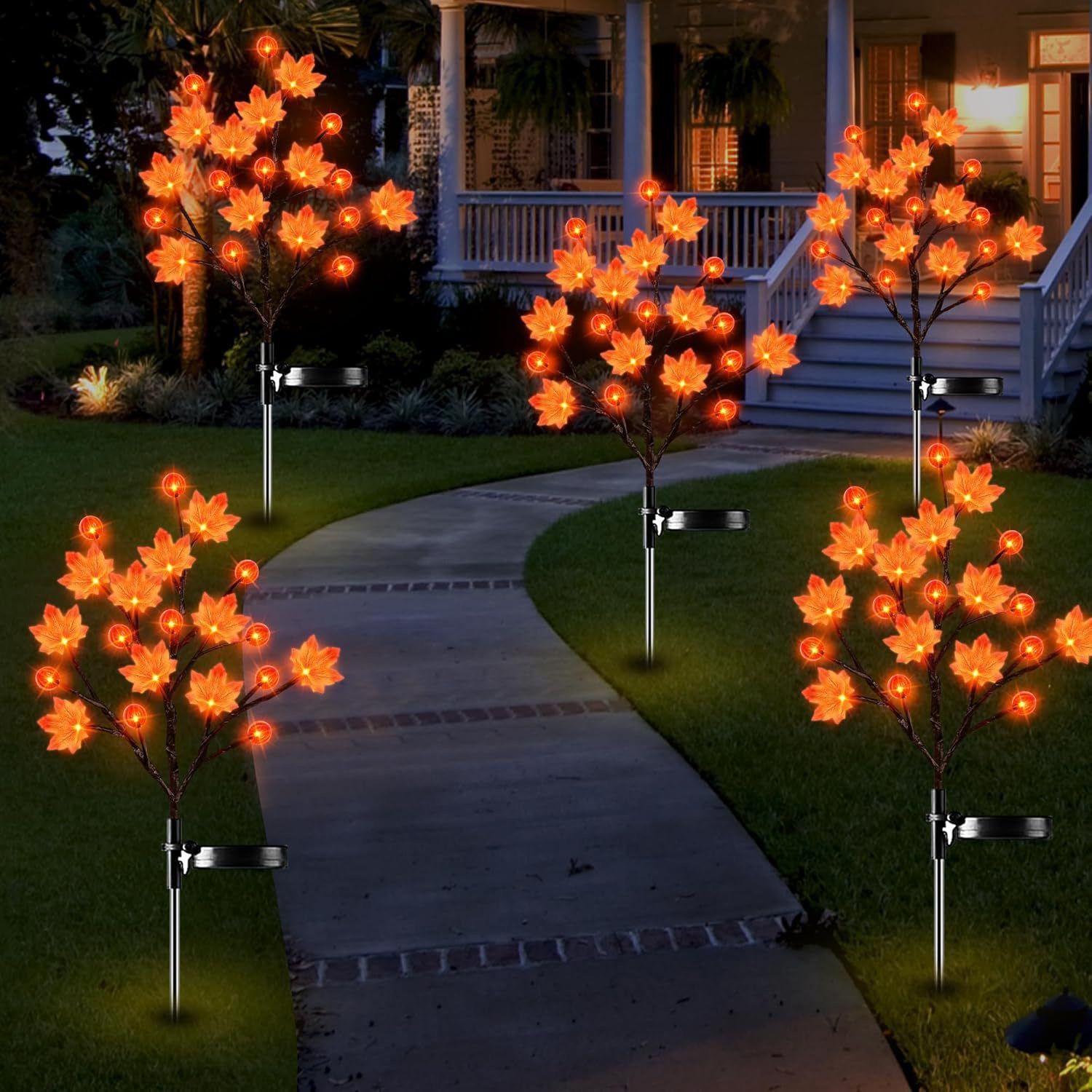 Solar Maple Leaf Branch Lights with 20 Warm LEDs, 8 Lighting Modes & IP65 Waterproof, Auto On/Off Garden Pathway Decor for Fall Harvest and Halloween Ambiance (3PCS, Pumpkin-Small  Maple)