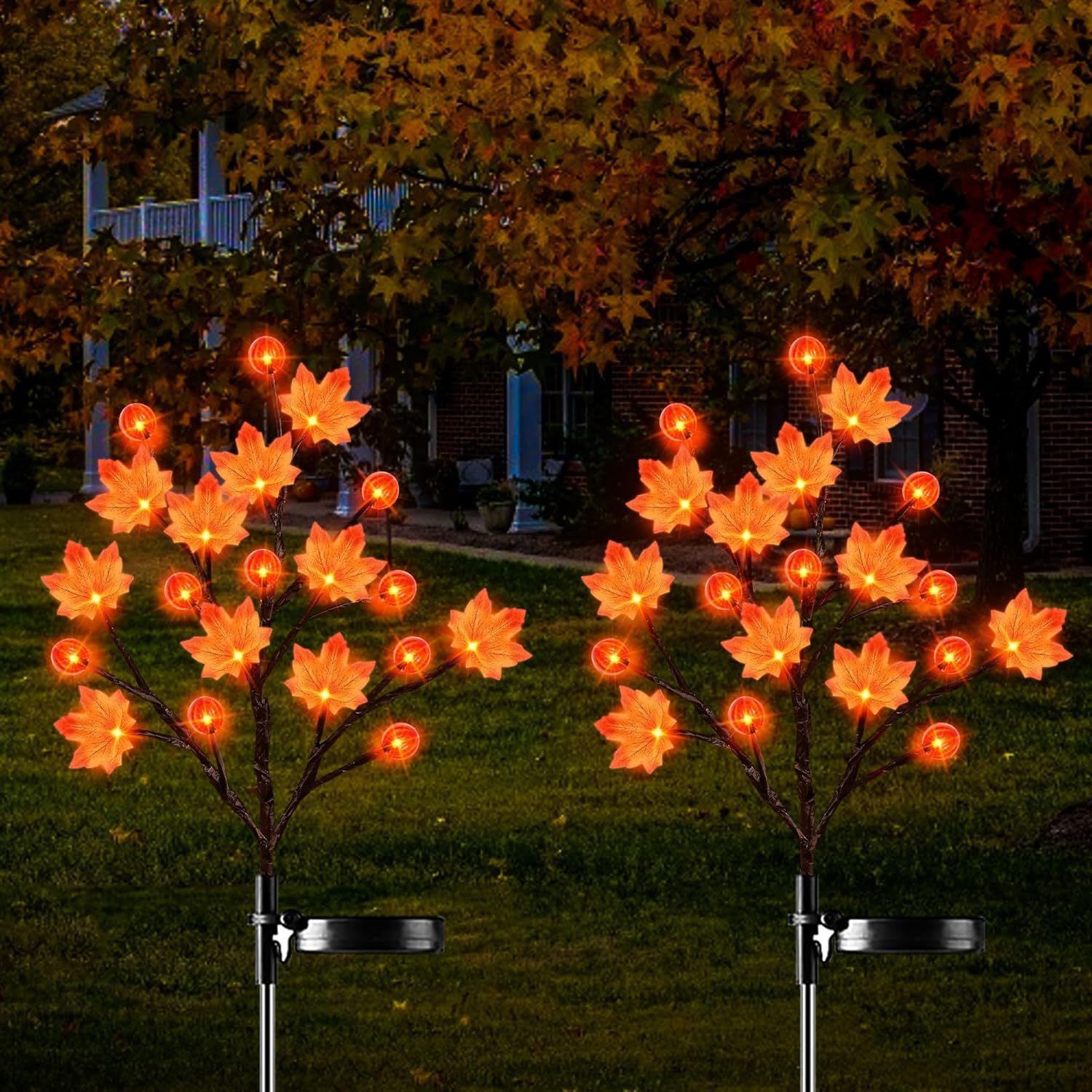 Solar Maple Leaf Branch Lights with 20 Warm LEDs, 8 Lighting Modes & IP65 Waterproof, Auto On/Off Garden Pathway Decor for Fall Harvest and Halloween Ambiance (3PCS, Pumpkin-Small  Maple)