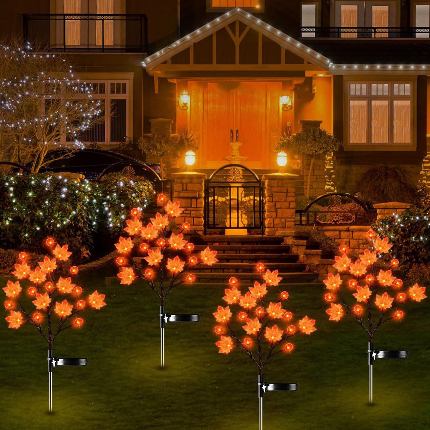 Solar Maple Leaf Branch Lights with 20 Warm LEDs, 8 Lighting Modes & IP65 Waterproof, Auto On/Off Garden Pathway Decor for Fall Harvest and Halloween Ambiance (3PCS, Pumpkin-Small  Maple)