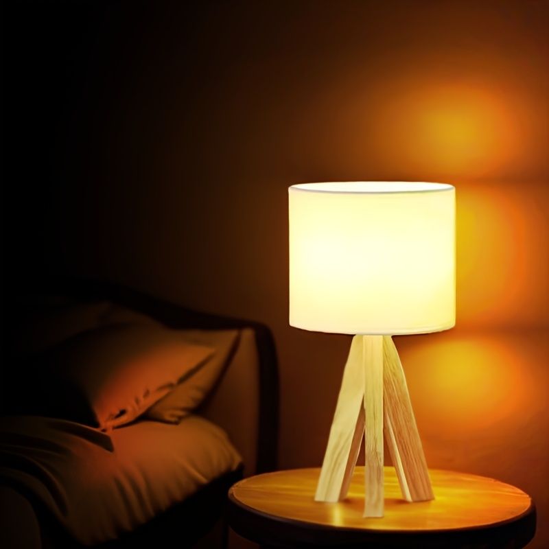 Beige tripod table lamp, bedside lamp, desk lamp, home lighting, wooden lamp, fabric shade lamp, contemporary lamp, Australia