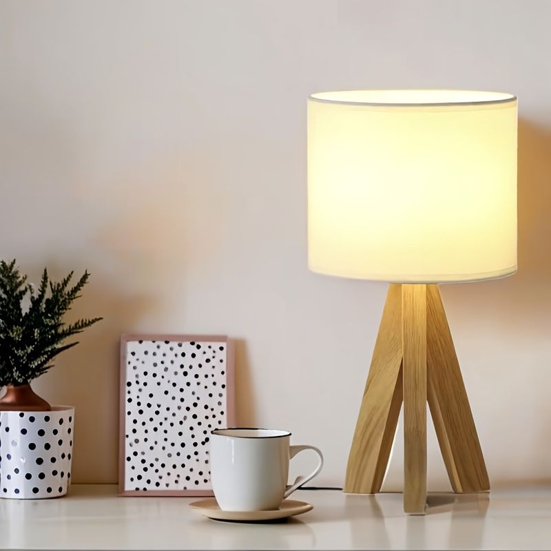 Beige tripod table lamp, bedside lamp, desk lamp, home lighting, wooden lamp, fabric shade lamp, contemporary lamp, Australia