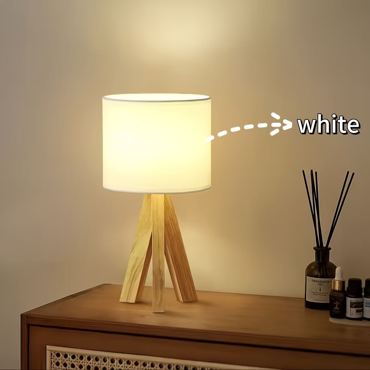 Beige tripod table lamp, bedside lamp, desk lamp, home lighting, wooden lamp, fabric shade lamp, contemporary lamp, Australia