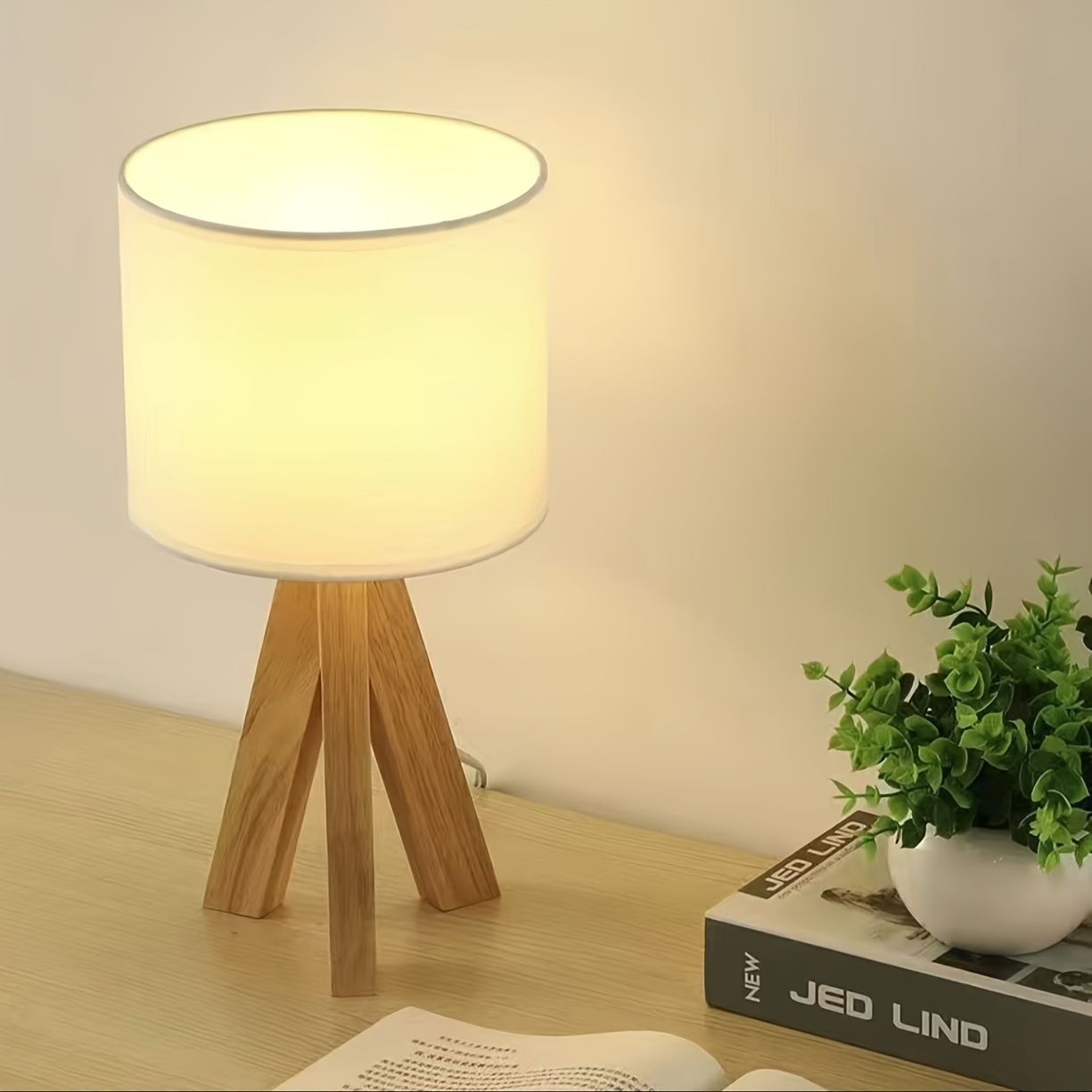 Beige tripod table lamp, bedside lamp, desk lamp, home lighting, wooden lamp, fabric shade lamp, contemporary lamp, Australia
