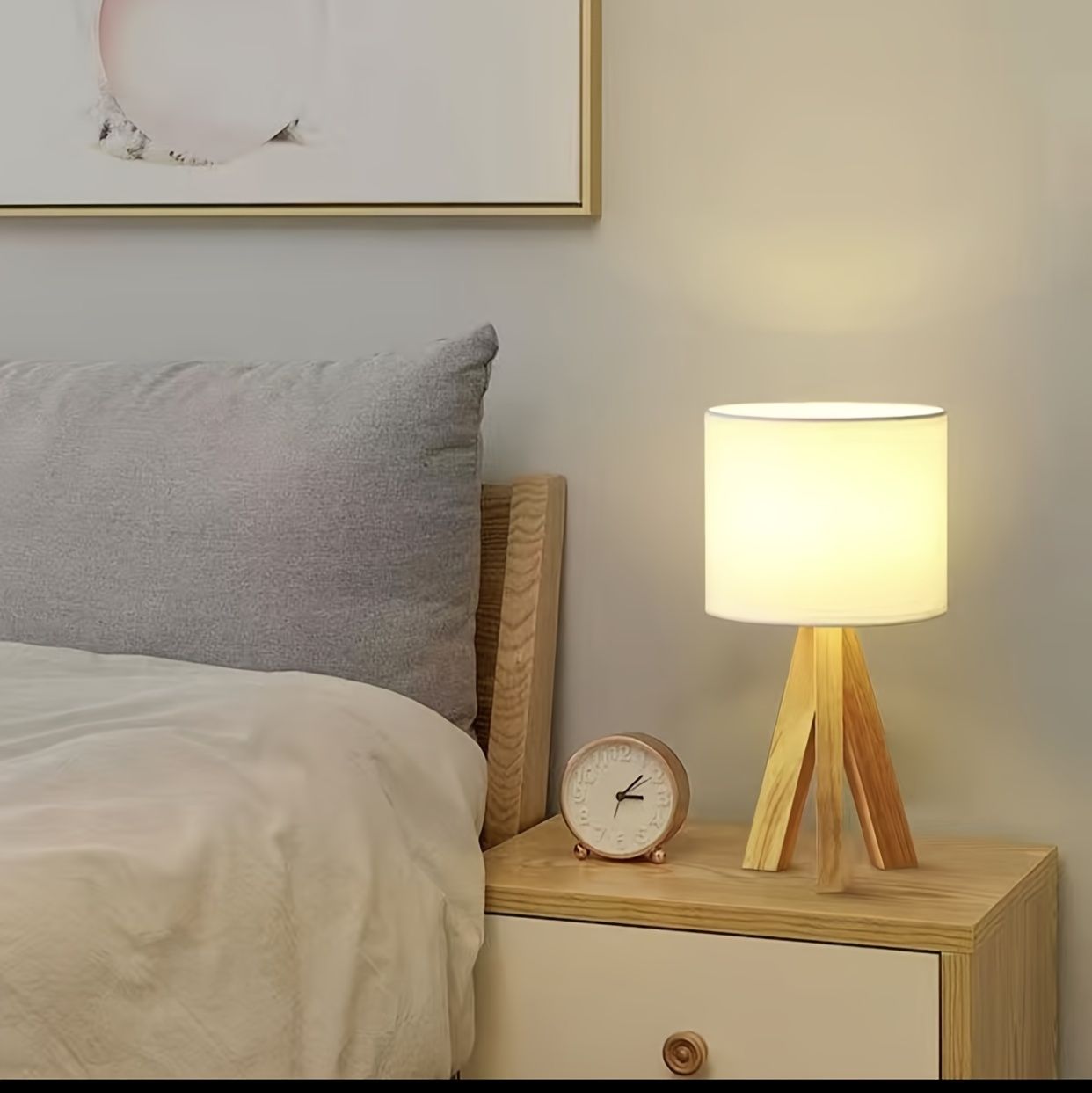 Beige tripod table lamp, bedside lamp, desk lamp, home lighting, wooden lamp, fabric shade lamp, contemporary lamp, Australia