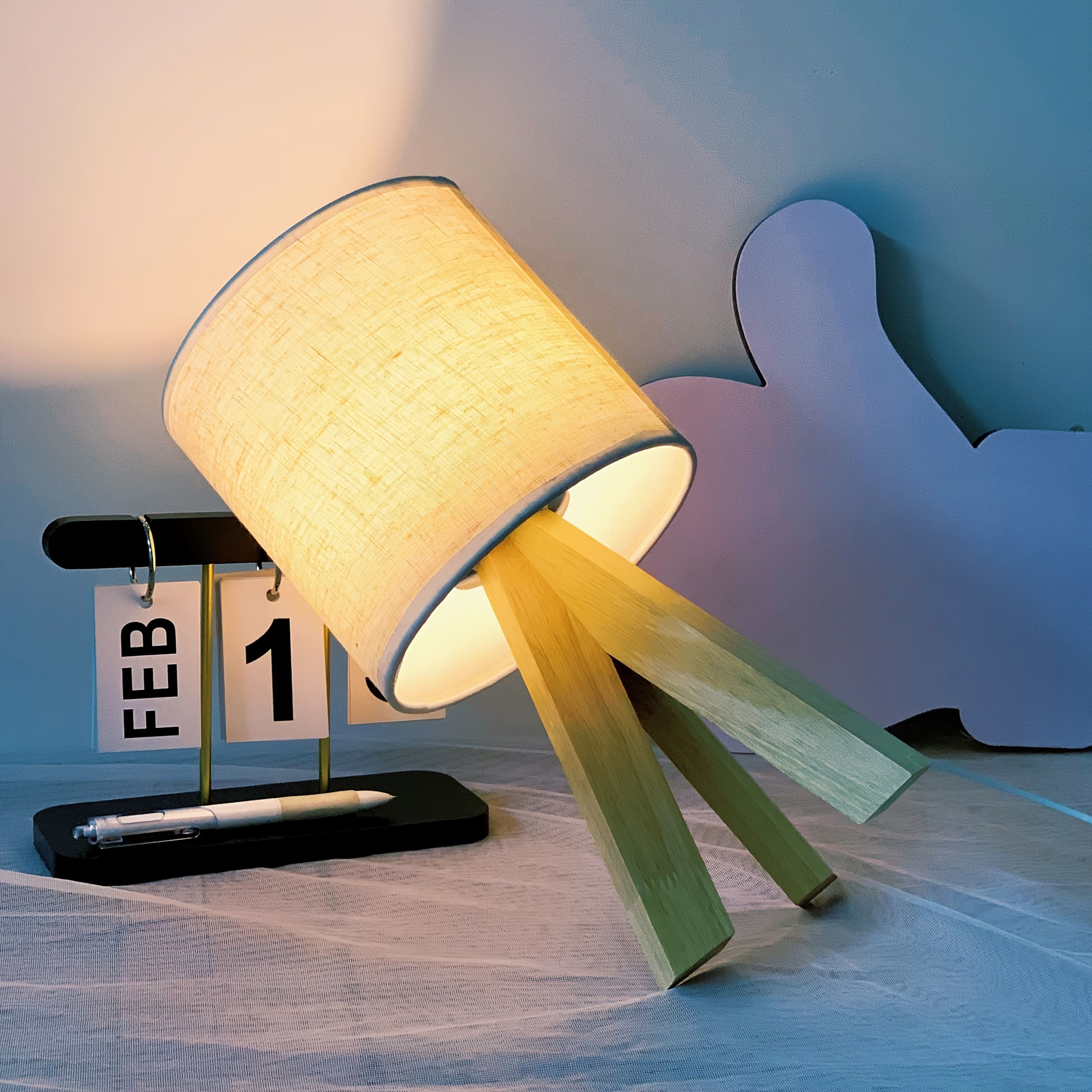 Beige tripod table lamp, bedside lamp, desk lamp, home lighting, wooden lamp, fabric shade lamp, contemporary lamp, Australia