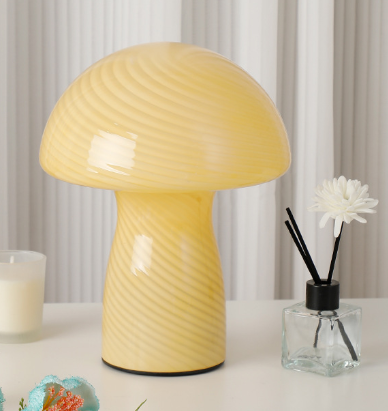 Stripe-Pure Yellow Retro Swirl Glass Mushroom Table Lamp - LED Bedside Night Light