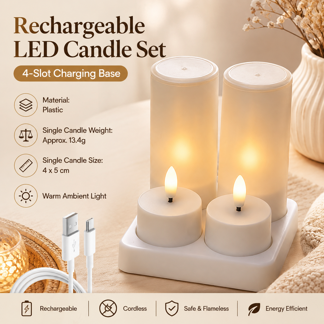 LED Rechargeable Flameless Candle Night Light Set (4 Units, with Lampshade)– USB Charging Decorative Tea Light Ambient Lighting for Christmas & Home Decor