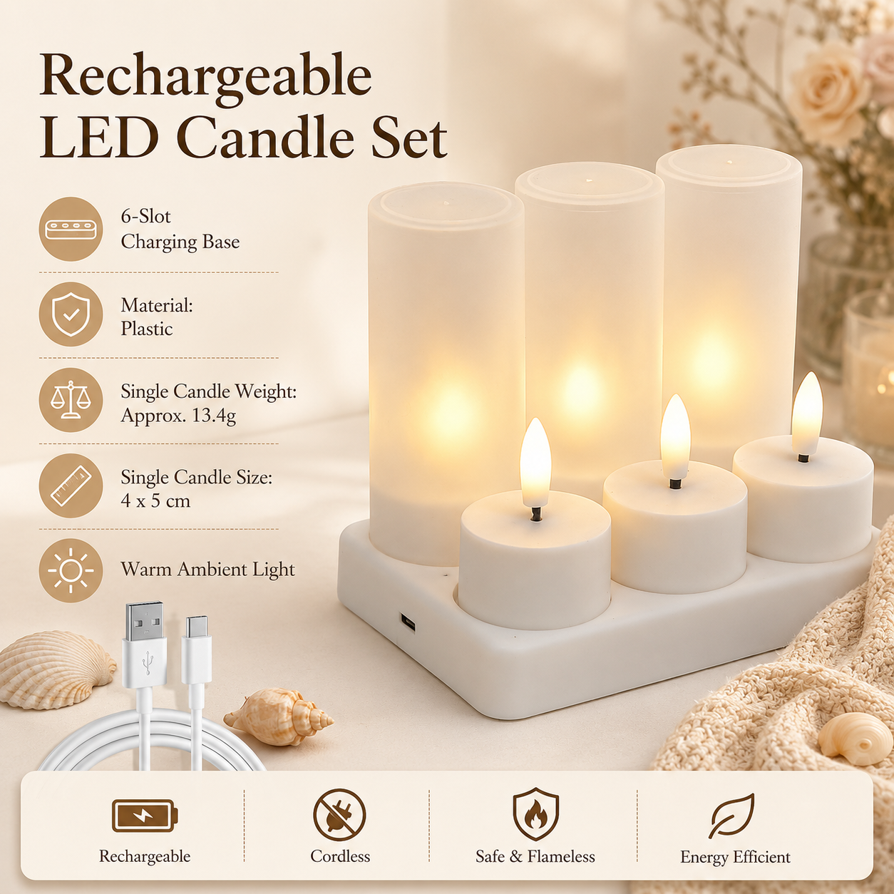 LED Rechargeable Flameless Candle Night Light Set (6 Units, with Lampshade)– USB Charging Decorative Tea Light Ambient Lighting for Christmas & Home Decor