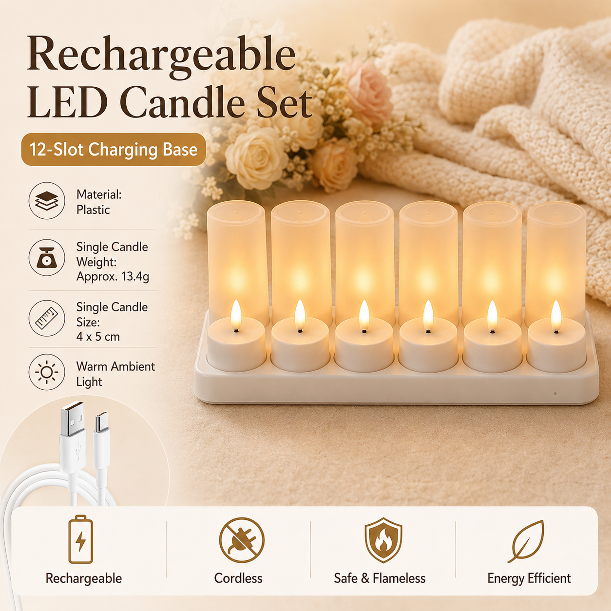 LED Rechargeable Flameless Candle Night Light Set (12 Units, with Lampshade)– USB Charging Decorative Tea Light Ambient Lighting for Christmas & Home Decor