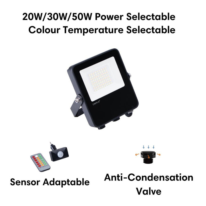 Domus BLAZE-PRO - 20/30/50W LED Tri-Colour Power Selectable Sensor Adaptable Mini Size DIY Floodlight IP66