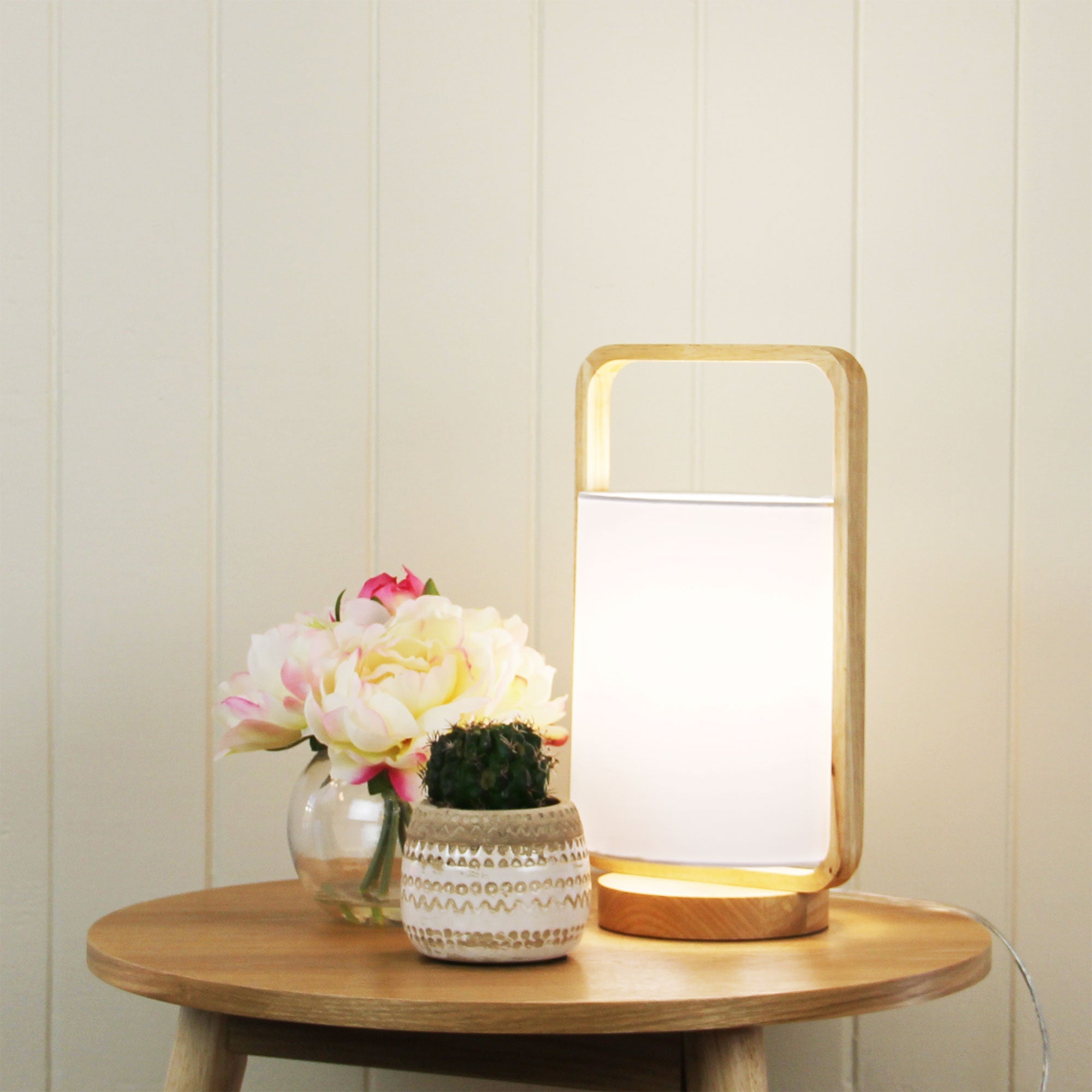 Lucia Table Lamp Wood and White Shade