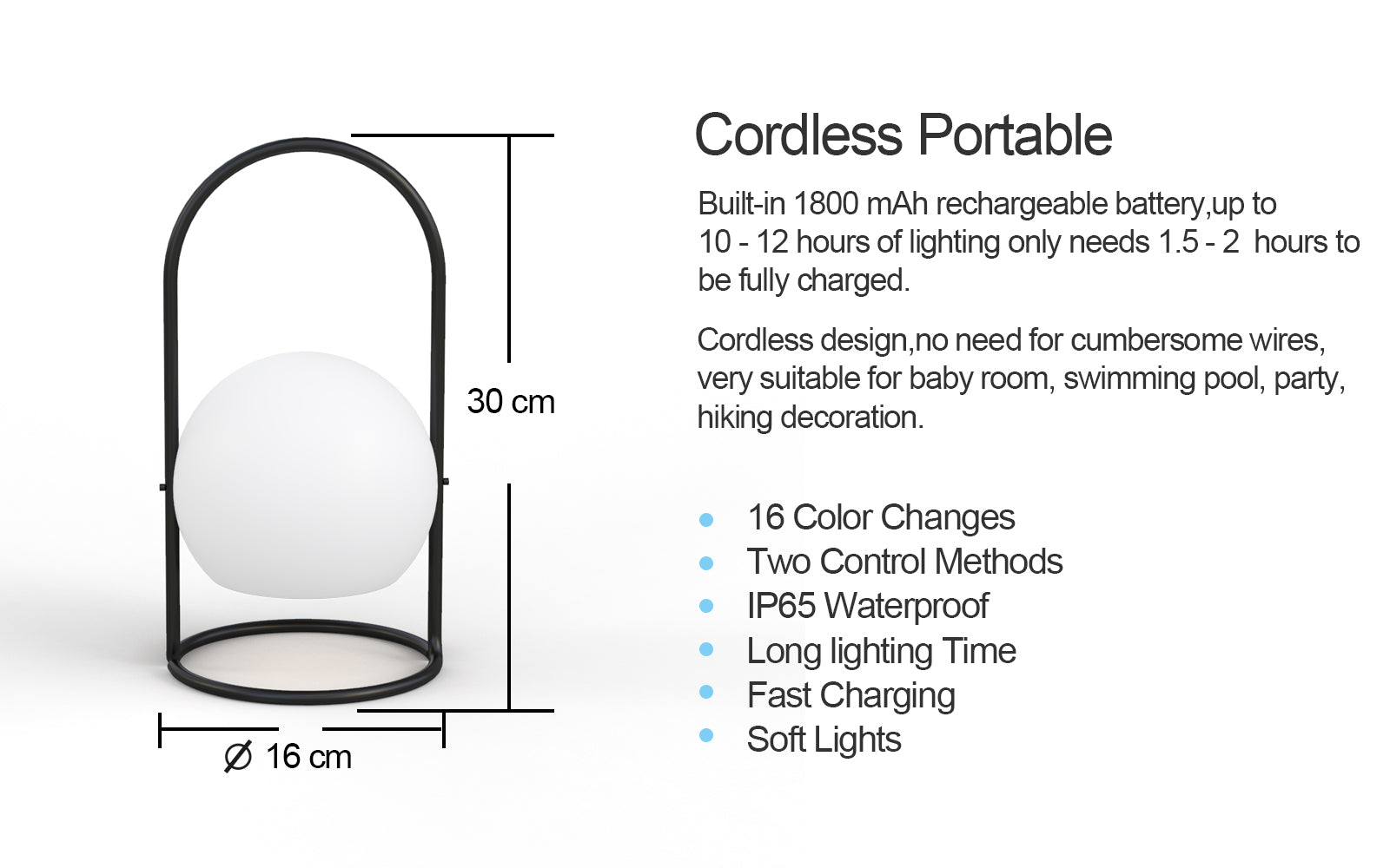 Portable LED ball Decorative Light, AC Charging, 16 RGB Color Changing 26CM Dropli, Decorative Light, a0529034