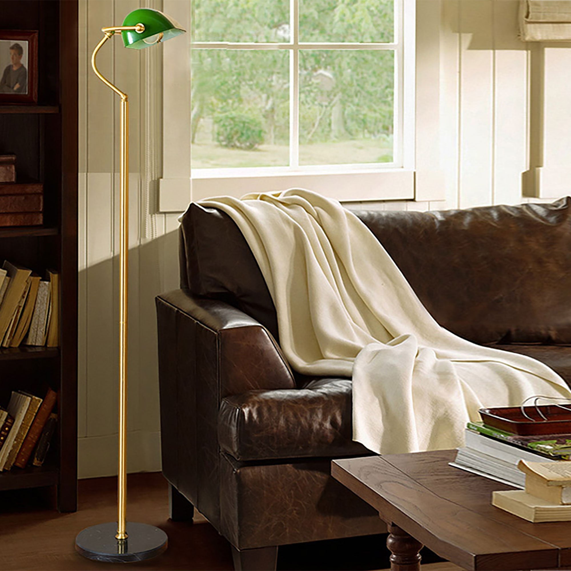 Bankers 1 Light Floor Lamp Antique Brass & Green - OL99443AB
