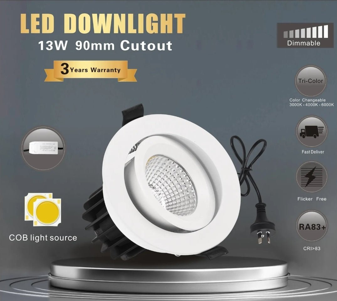 EYRE 13W Tri-Colour Dimmable COB Low-glare Tiltable LED Downlight 90mm Cut Out-LED Downlight-Eclux
