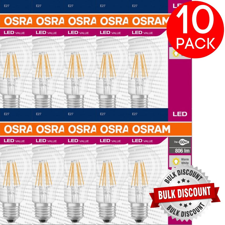 Osram 7.5W E27 (Screw Base) Filament Style LED Bulb in Warm White - Pack of 10-LED Globes-Osram