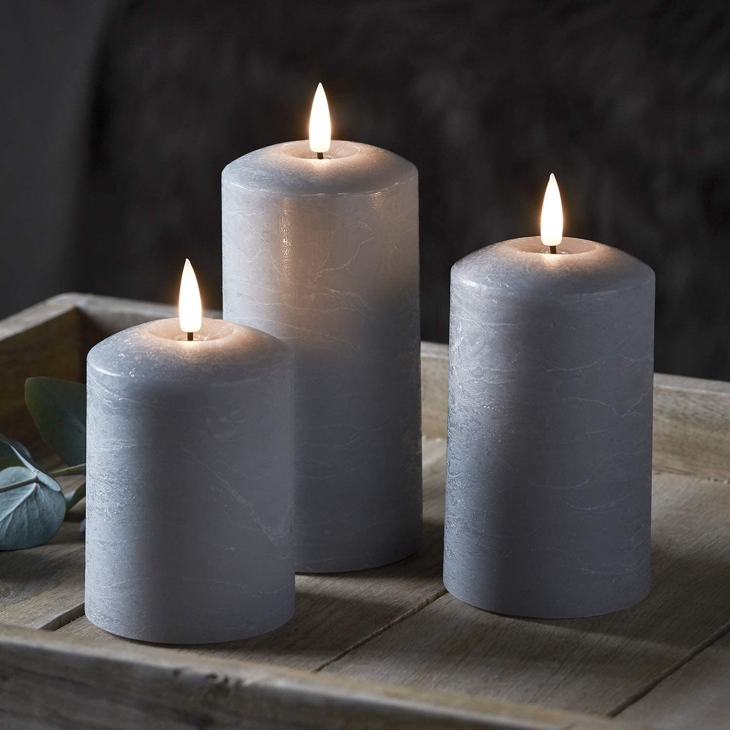 Set of 2 LED Grey Wax Pillar Candles - 3 Size Options-Christmas Table Decoration&Candle-Lexi Lighting