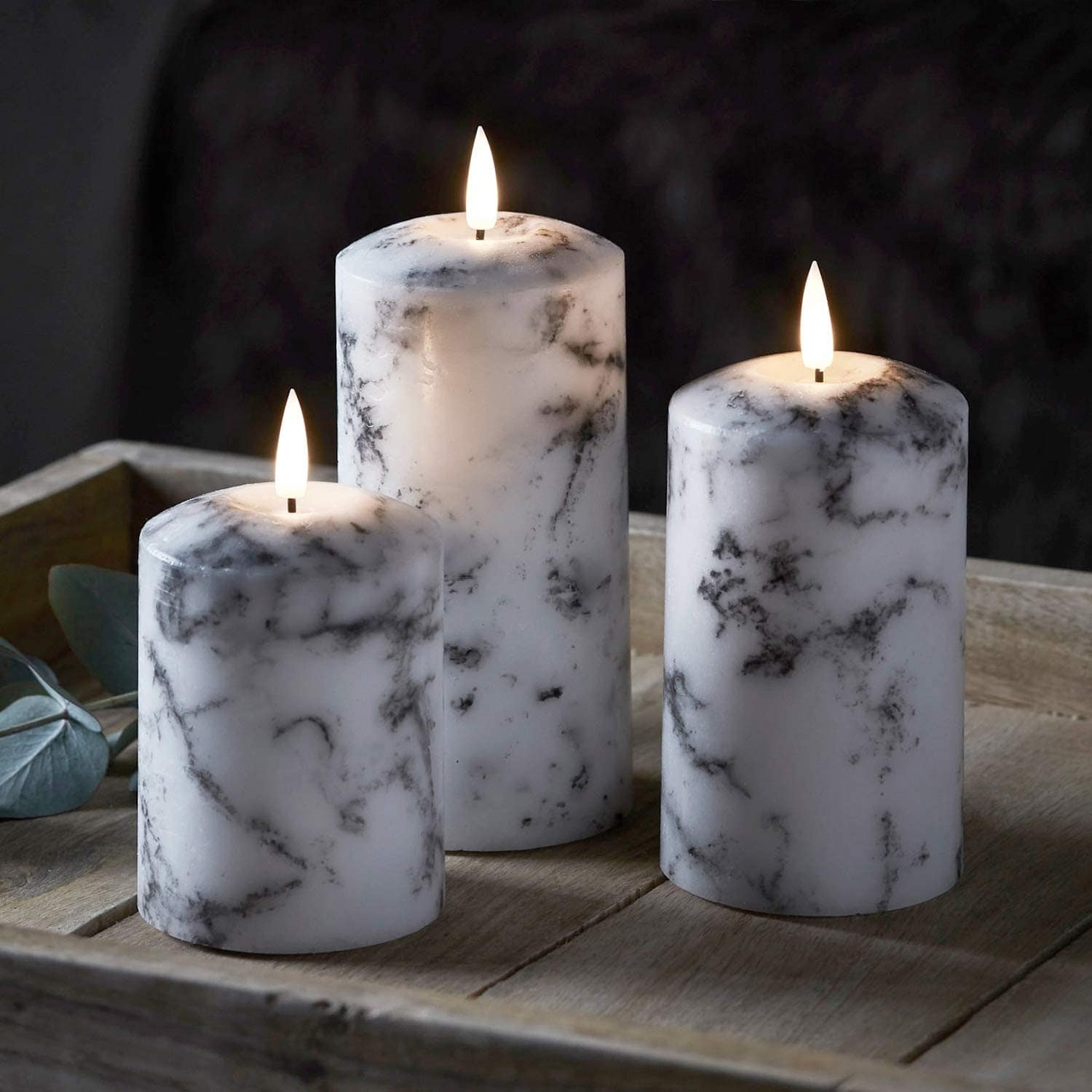 Set of 2 LED Marble Effect Wax Pillar Candles - 3 Size Options-Christmas Table Decoration&Candle-Lexi Lighting