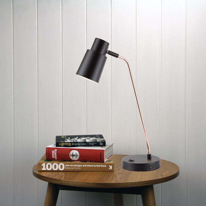Rik Desk Lamp With USB Black and Copper-TABLE AND FLOOR LAMPS-Oriel