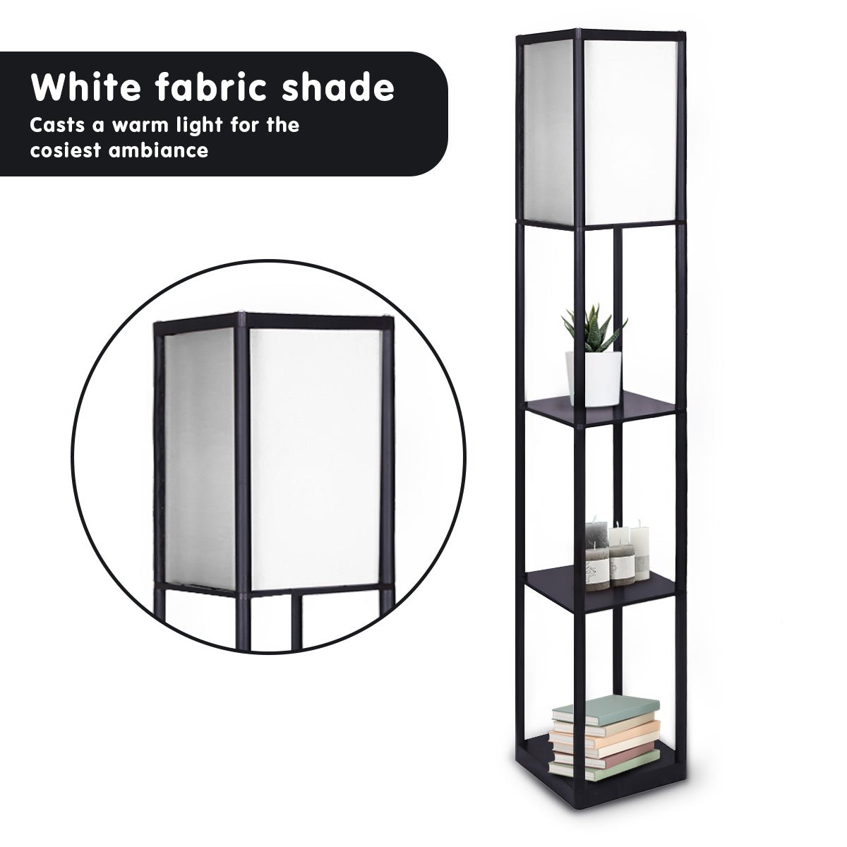 Sarantino Etagere Floor Lamp Shelves in Black Frame Fabric Shade-Home & Garden > Lighting-Koala Lamps and Lighting