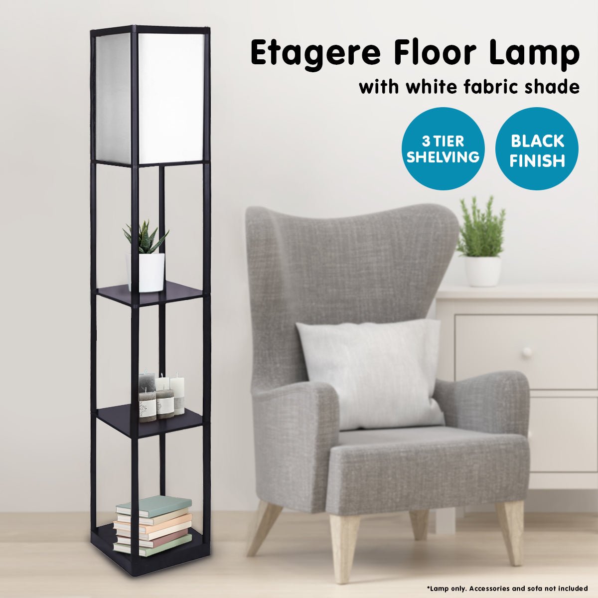 Sarantino Etagere Floor Lamp Shelves in Black Frame Fabric Shade-Home & Garden > Lighting-Koala Lamps and Lighting