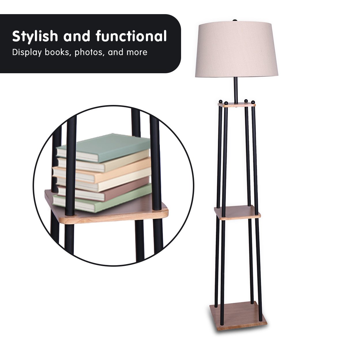 Sarantino Metal Etagere Floor Lamp Wood shelf Cream Fabric Shade-Home & Garden > Lighting-Koala Lamps and Lighting