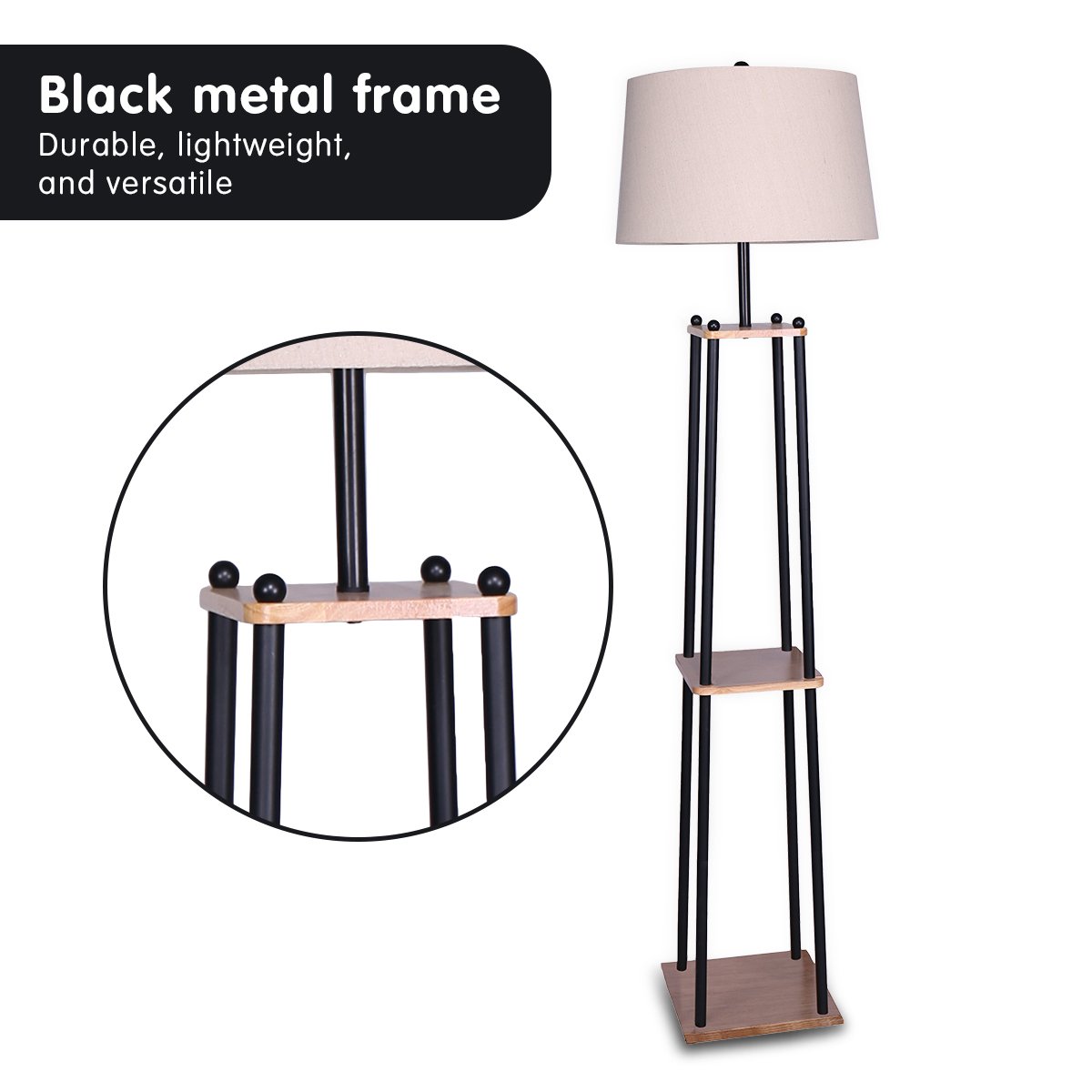 Sarantino Metal Etagere Floor Lamp Wood shelf Cream Fabric Shade-Home & Garden > Lighting-Koala Lamps and Lighting