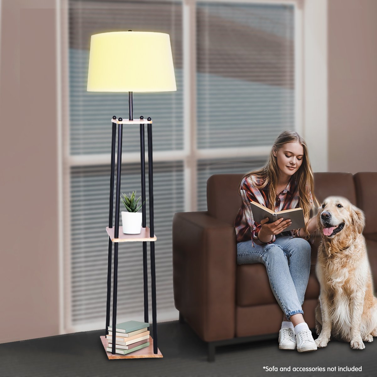 Sarantino Metal Etagere Floor Lamp Wood shelf Cream Fabric Shade-Home & Garden > Lighting-Koala Lamps and Lighting