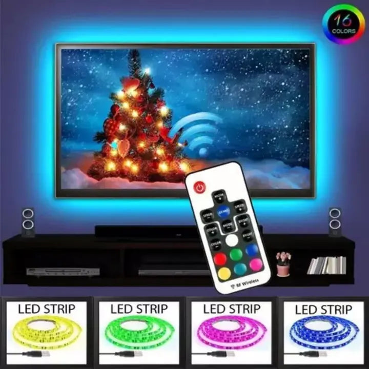 An RGB LED strip kit behind a television