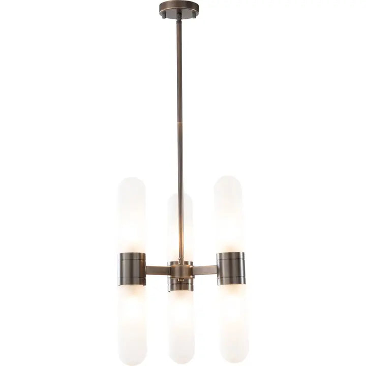 A six-light, three-arm pendant in antique brass with opal glass shades